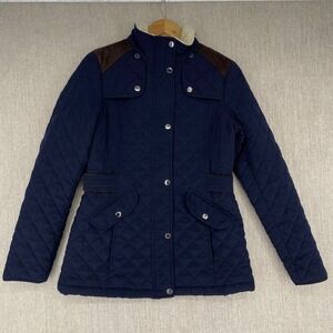 Laundry by Design Womens Small Navy Blue Quilted Barn Jacket Faux Suede Trim